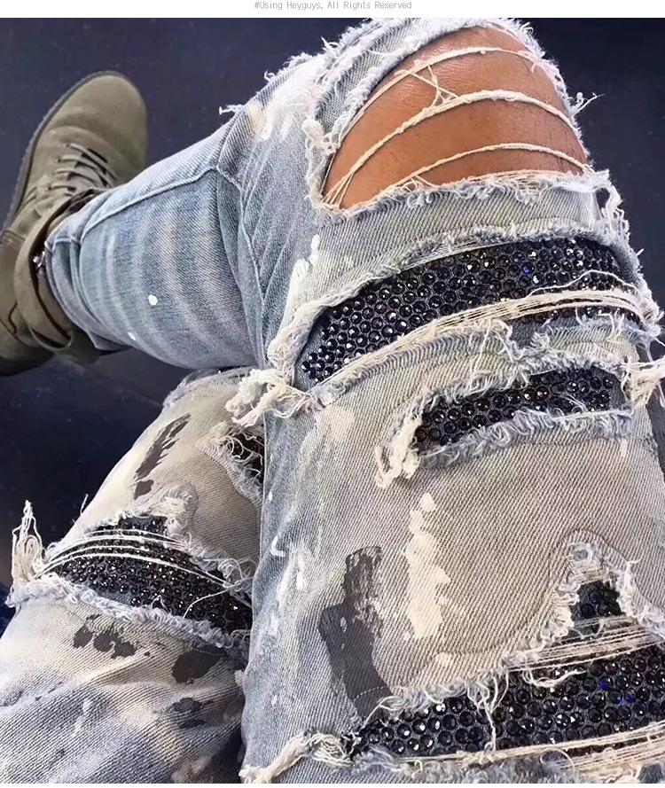 

New men's street hip-hop beggar trousers splashed paint trousers hot drilled holes jeans jeans fashion denim pants, Black