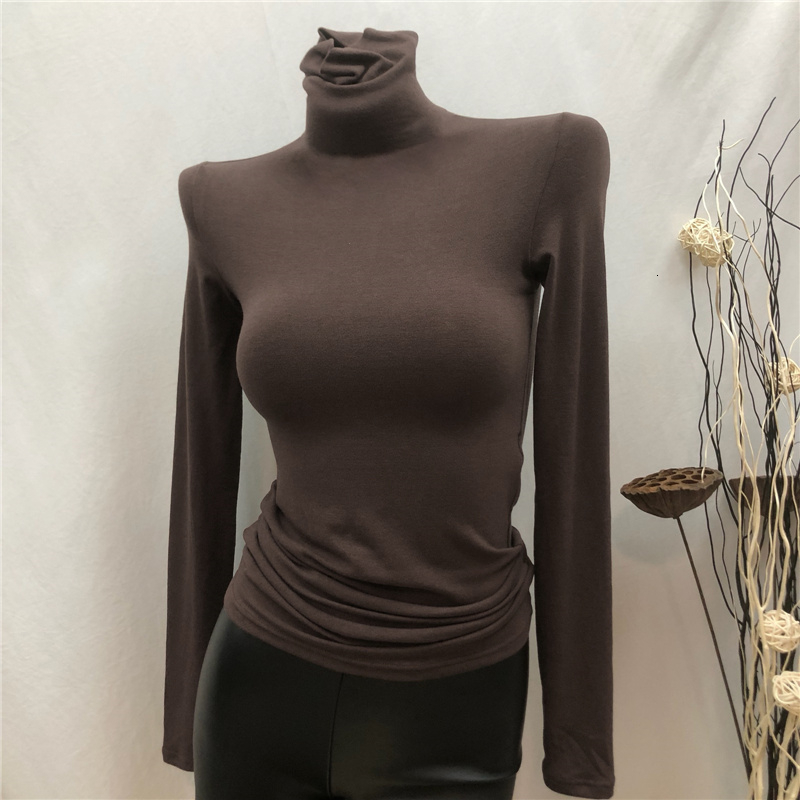 

2021 New Autumn Winter Bottom Long Sleeve Turn-neck t Shirt Women High Elasticity Casual Slim Basic Solid Color Female Top Izbb, Deep coffee color