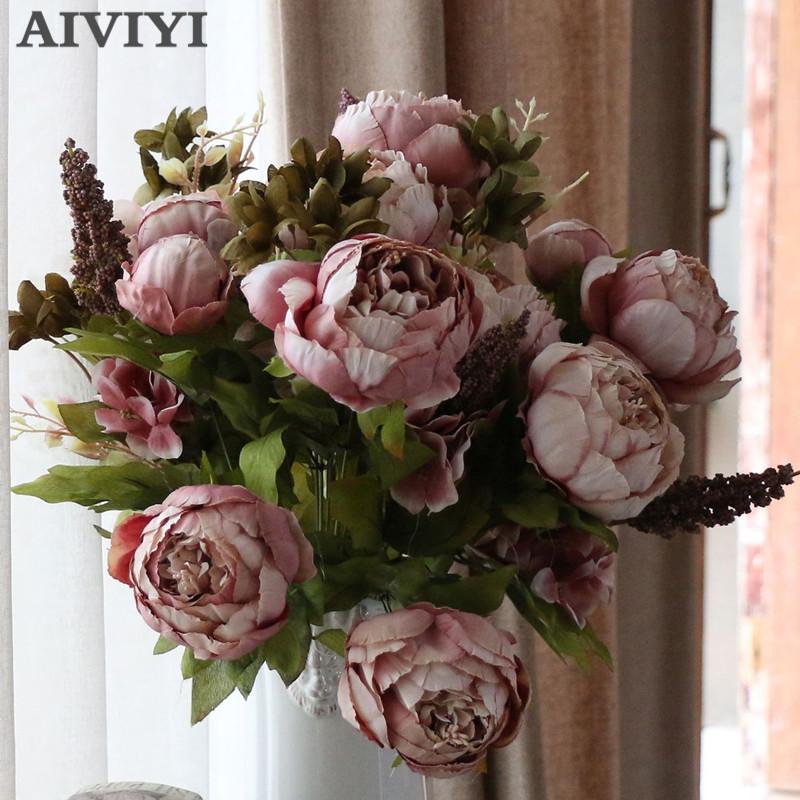 

Foreign trade quality goods silk flowers European artificial flowers autumn vivid peony fake leaves wedding family party decorat, Blue