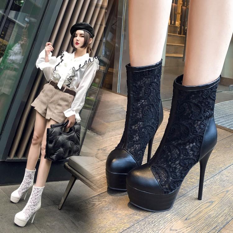 

Summer boots women's spring and autumn hollow short boots ultra high heel slim heel summer tennis cool Korean lace, Black