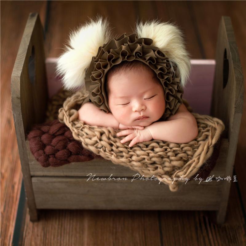 

Newborn Pom Pom Hat Brown Baby Boy Bear Bonnet Knitted Baby Teddy Bear Hat Handmade Newborn Ruffle Bonnet Girl Photography Props, As photo