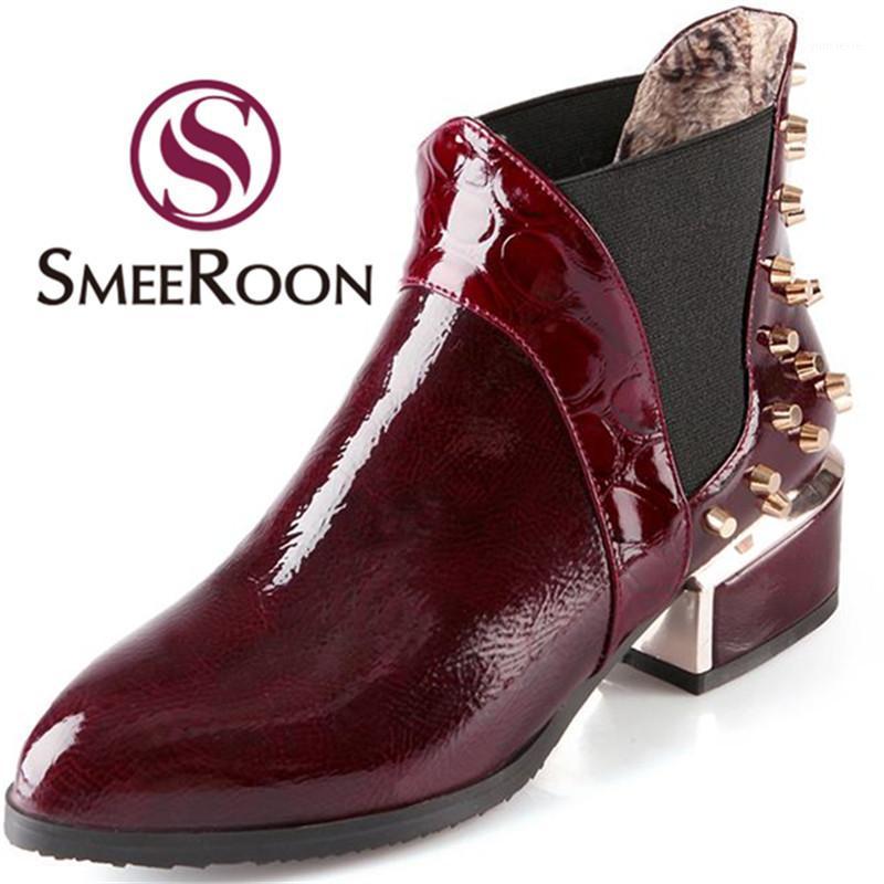 

Smeeroon fashion rivet ankle boots for women pointed toe med heels boots solid color slip on winter women's prom shoes1, Blue