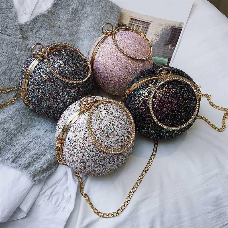 

Lady Handbag Single Shoulder Messenger Korean Style Bag Colorful Crystal Diamonds Round Women Evening Day Clutches Wedding Purse, Grey