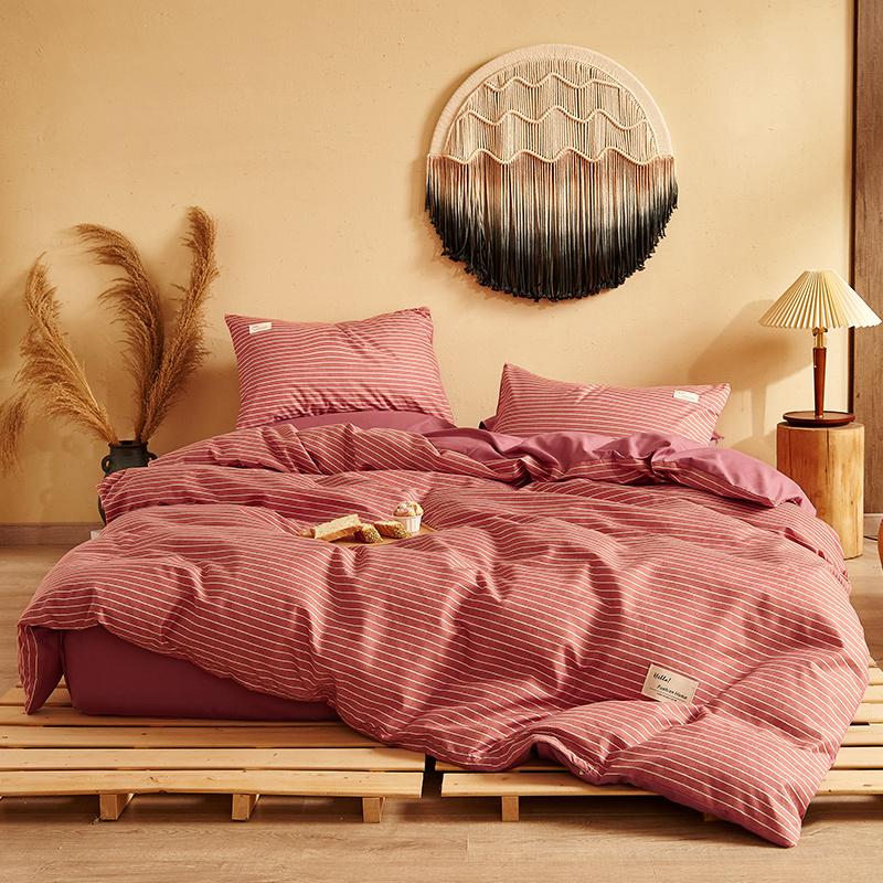 

4pcs Pink Striped Bedding Set Printed Bed Sheet Flat Sheet Bed Skirt Spread Cover Quilt Cover King Queen  Size