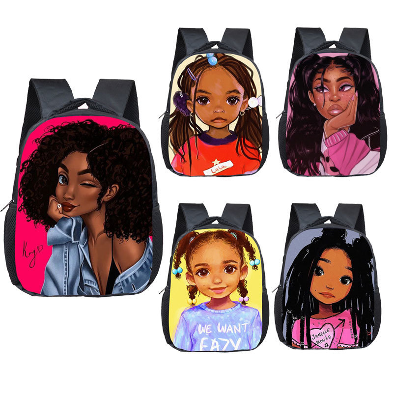 

Cartoon African Girl Print Backpack For Girls Children School Bags Kids Small Shoulder Bag Kindergarten Backpack LJ201029, Beige