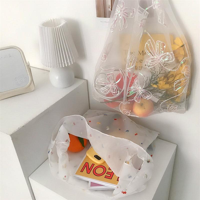 

Mesh Embroidery Women Clutch Purse Handbags Fashion Transparent Ladies Organza Small Shoulder Bags Girls Female Flower Mini Tote, Small cherry