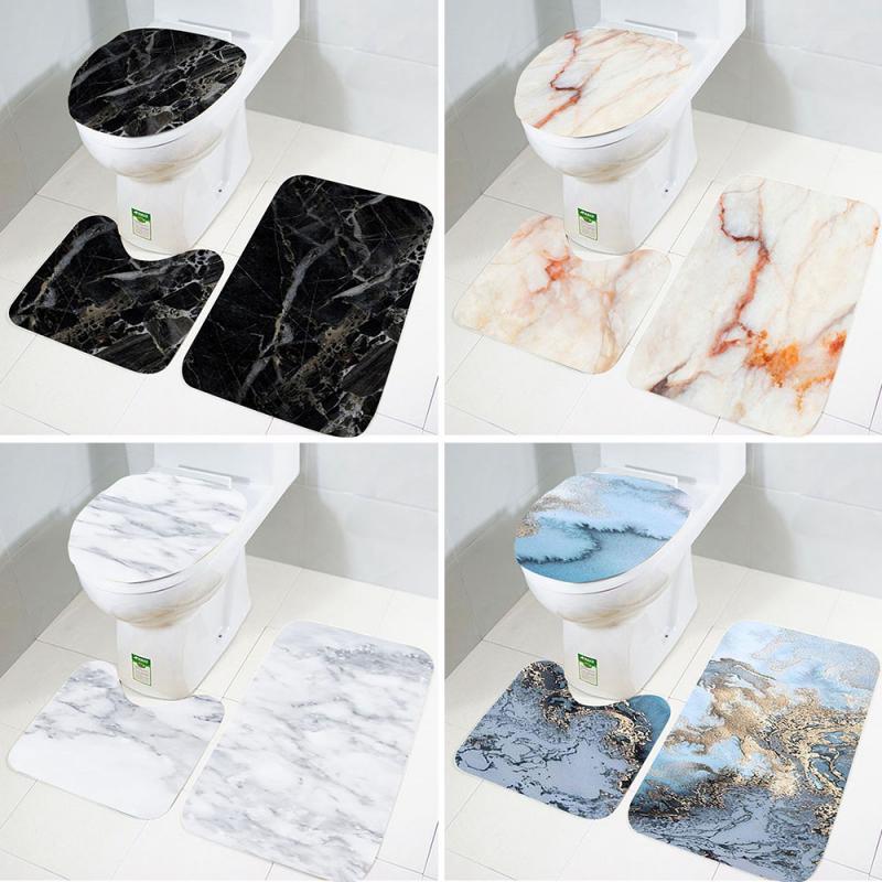 

3Pcs A Set Bathroom Mat Marble Set Anti-slip Toilet Seat Cover Coral Velvet Floor Mat Toilet Carpet Rug Bathroom Accessories