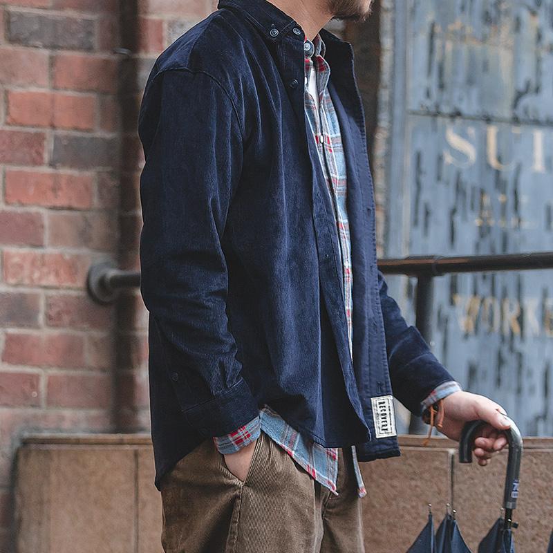 

2020 New Long Sleeve Button Down Thick Corduroy Shirt with Pocket, Navy blue