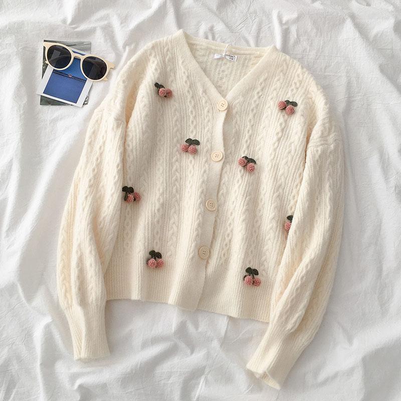 

Embroidery Women Cardigan Appliques Cherry Sweet Girls Kardigan Solid Spring Autumn Female Cardigans Single Breasted1, White
