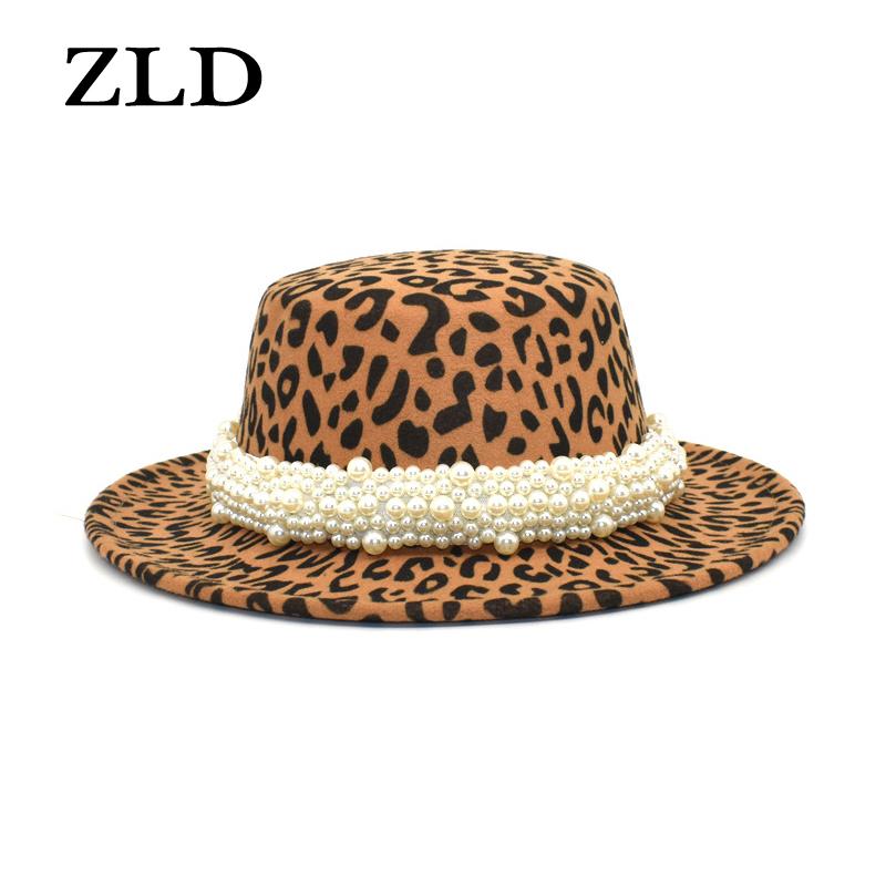 

ZLD Simple stylish ladies Fedoras hat New winter Leopard Pearl decoration felt hats classice vintage women cap casual Jazz caps