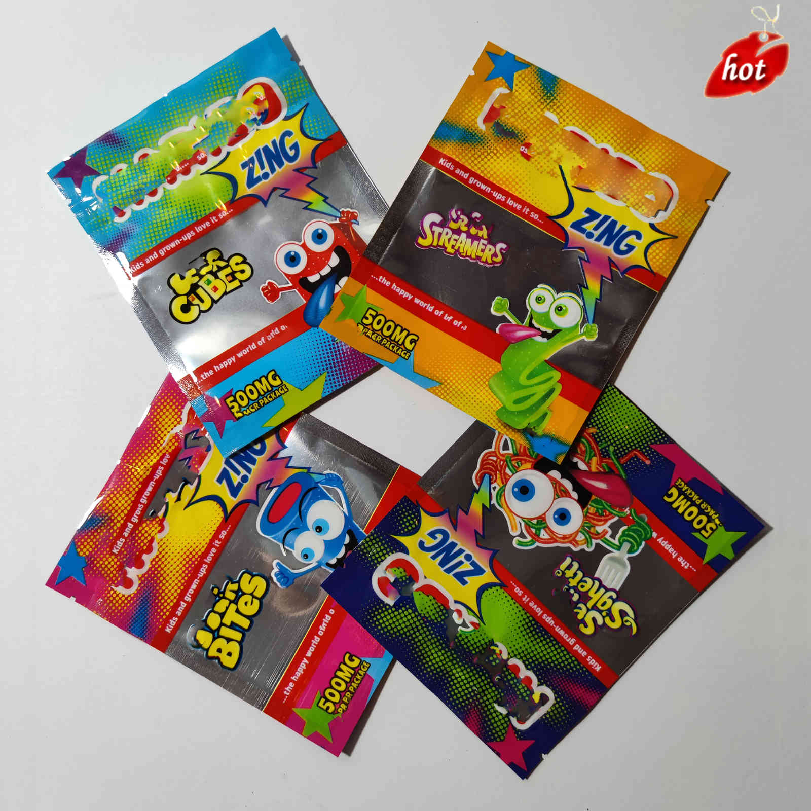 

Infused 500mg Hariewbo0 z!ng edibles packaging bags sour bites cubes gummies edible mylar bag 4 types sghetti streamers zipper lock resealable Smell Proof Foil Bag 2W