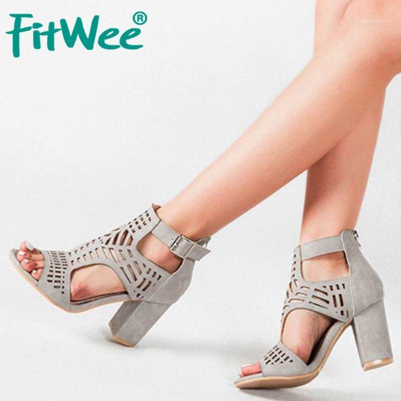

FITWEE Summer Women Ankle Boots Fashion Square High Heels Open Toe Cool Short Boots Metal Buckle Zipper Footwear Size 36-431, Gray
