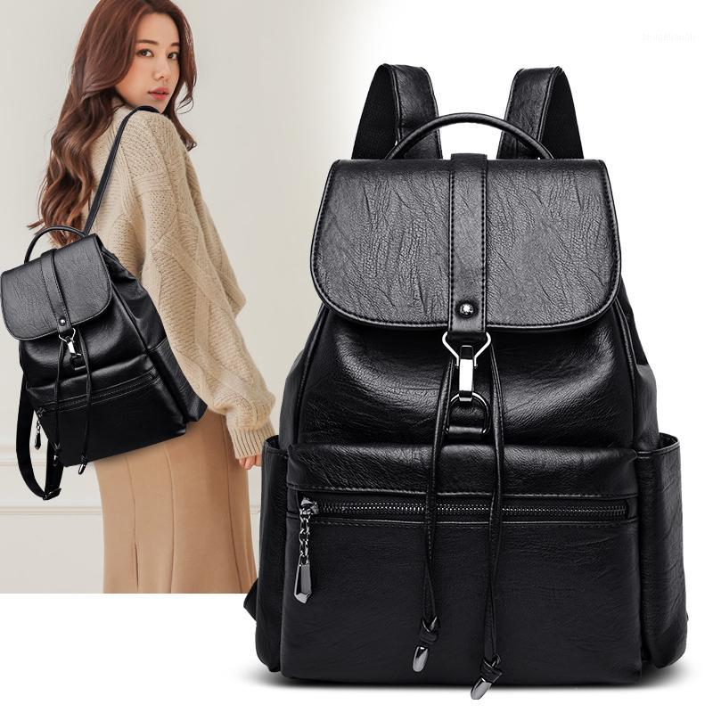 

England Style Women Travel Backpacks Soft Quality Pu Leather Female Backbags for College School Teenager Girls Book Bags1, Black