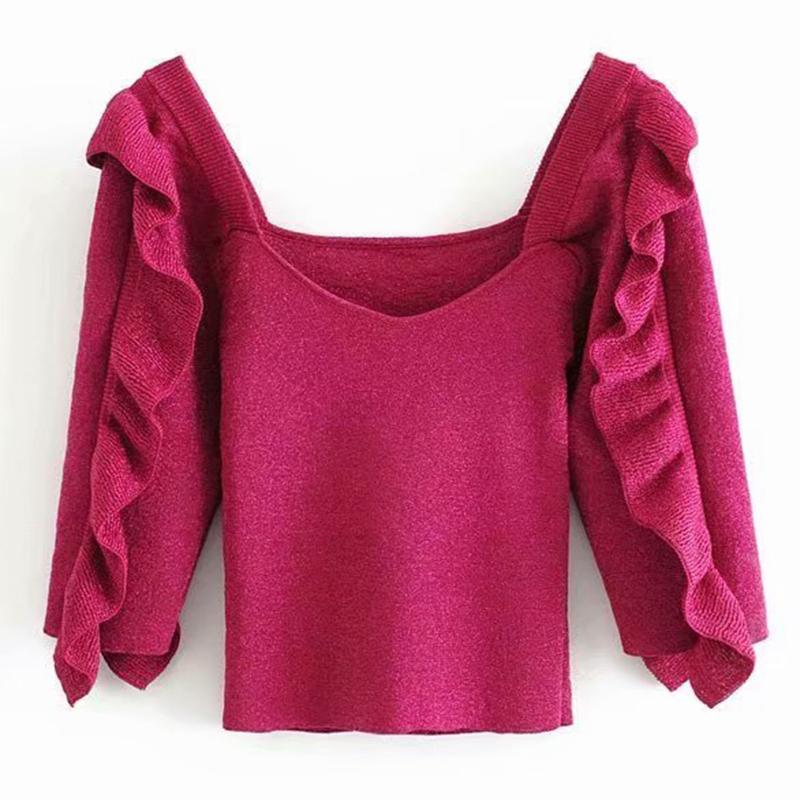 

Malina Fashion Square Collar Sweaters Women Elegant Solid Fold Sweater Women Ruffles Half Sleeve Short Sweaters Ladies, Rosered