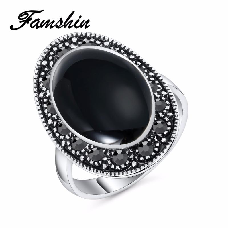 

FAMSHIN HOT Cheap 2021 Vintage Jewelry Oval Black And Green Enamel Ring For Women Ancient Silver Color Plated Crystal Gift