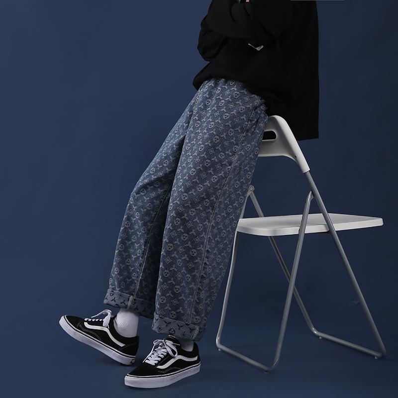 

Man Jacquard Cashew Print Jeans Vintage Korea Wide Leg Pants 2021 Men Spring Autumn Fashion Mid Waist Straight Jean Streetwear, Blue