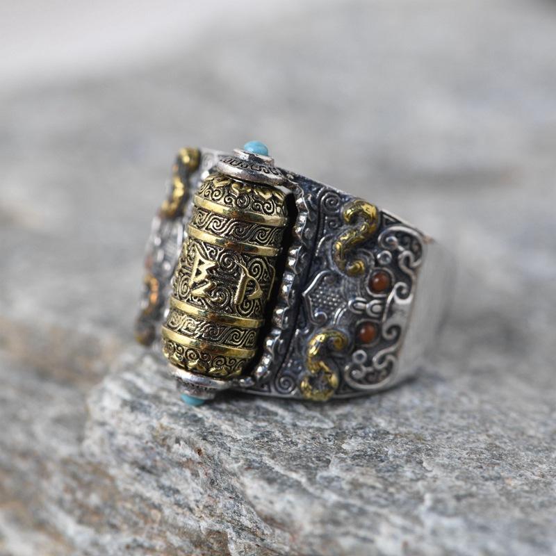 

S925 Sterling Silver Vintage Ring Buddhist Six Words Mantra Rotatable Punk Cool Ring for Men Open Adjustable Jewelry