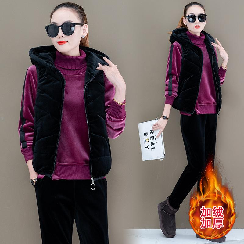

3pcs Winter Women Sportswear Tracksuit Thick Velvet Jacket+sweatshirt+pant Running Jogger Fitness Casual Athletic Set Sport Suit, Black