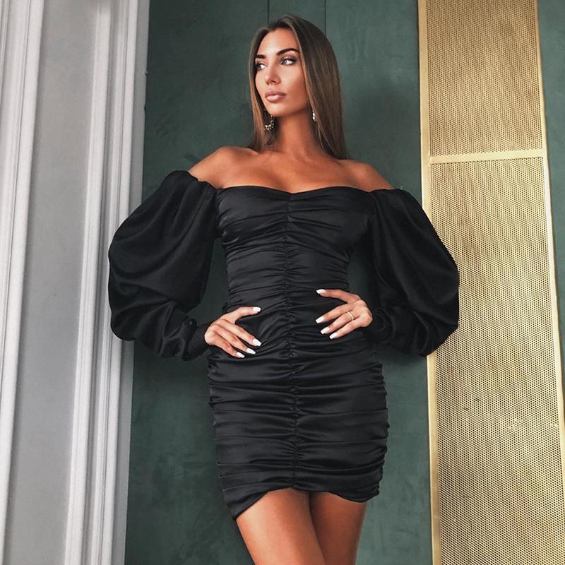 

Khaesfir 2021 Long Puff Sleeve Slash Neck Satin Pleated Sexy Mini Dress Women Autumn Winter Solid Party Elegant Streetwear, Black