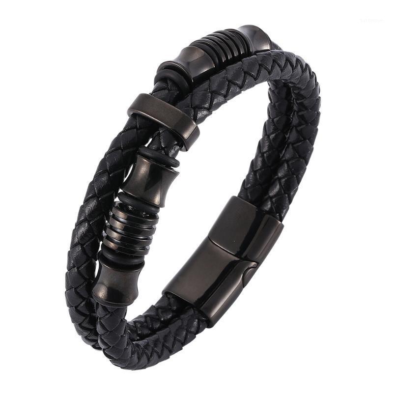 

Creative simple double-layer handmade leather rope men's bracelet Stainless steel magnetic buckle fashion charm bracelet 7-PH5181