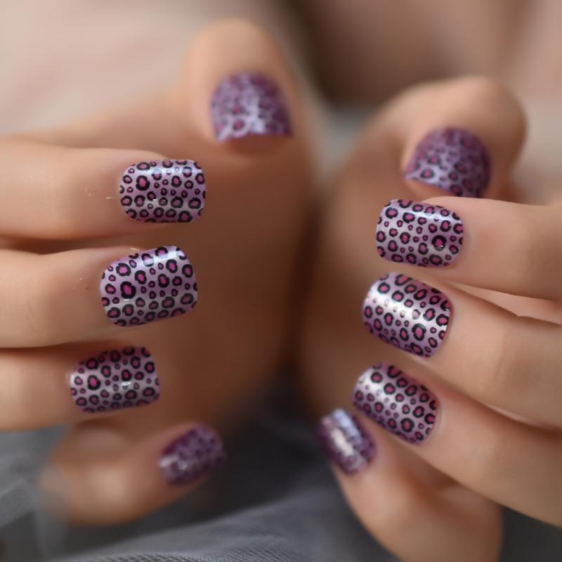 

Kids Nail Art Tips Purple Pink Leopard Pattern Girl False Nails Small Size Student's Gift, L5561