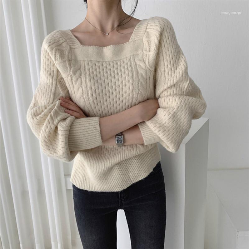 

Women Sweaters Knitted Autumn Winter Sweaters Square Collar Pullovers Minimalist Knitted Elegant Ladies Vintage Sweater 20201, Beige