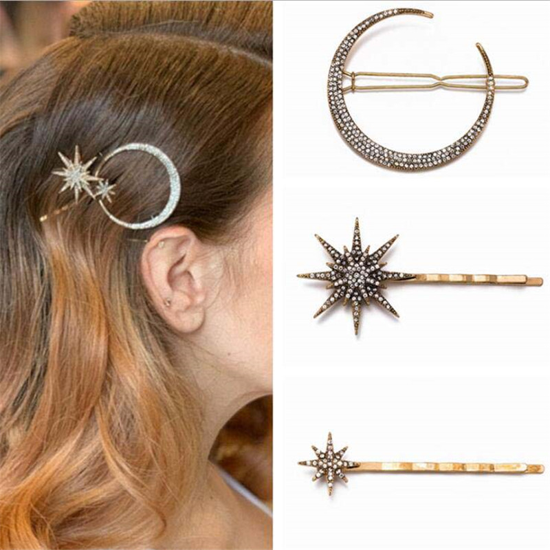 

3PCs Star Moon Rhinestone Crystal Hair Clip Hairpin Women Girls Jewelry Fashion Styling Hair Accessories, Golden;silver