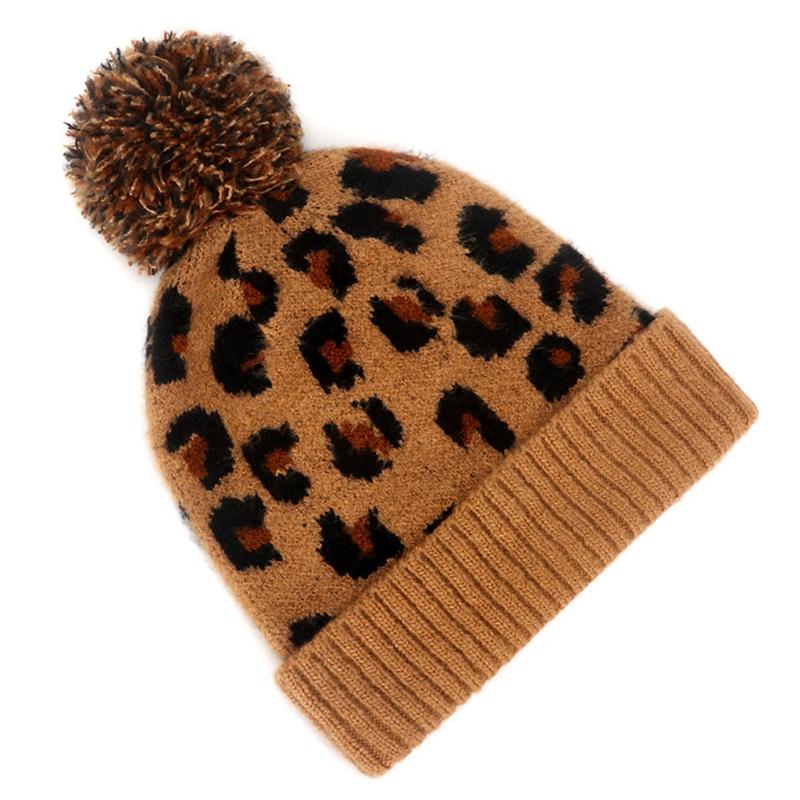 

Women Winter Warm Knitted Cuffed Beanie Hat Vintage Leopard Pompom Skull Cap T8NB