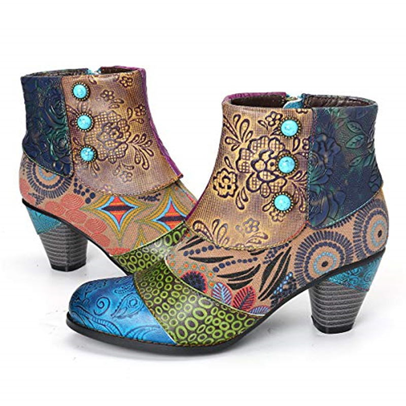 

2021 New Vintage Splicing Printed Ankle for Women Shoes From Retro Block High Heels Women's Boots 7ib6, Colorful