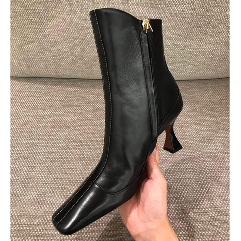 

INS European Genuine leather Ankle Boots For Women High Heels Square Toe Runway 2021 Sexy Slim Zapatos Mujer Office Women Shoes1, Black