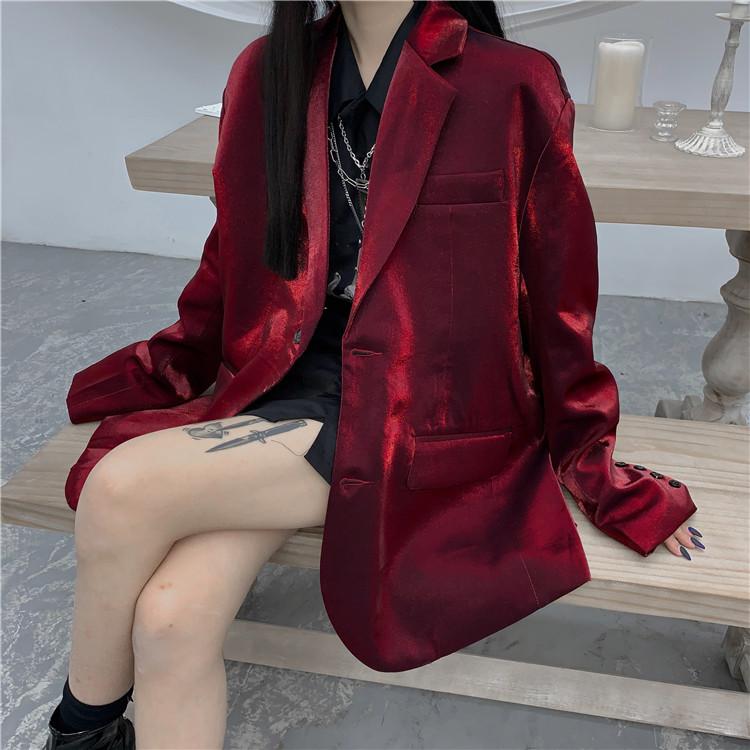 

Suit jacket female Korean 2020 Harajuku style retro crimson bright silk temperament casual small suit Long Sleeve jacket trend, Burgundy