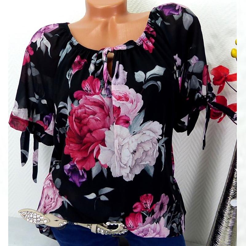 

Plus Size 5xl Women Blouse Tops Short Sleeve Print Off Shoulder Blouse Shirt Loose Causal Boho Beach Blouses Chemisier Femme, Black