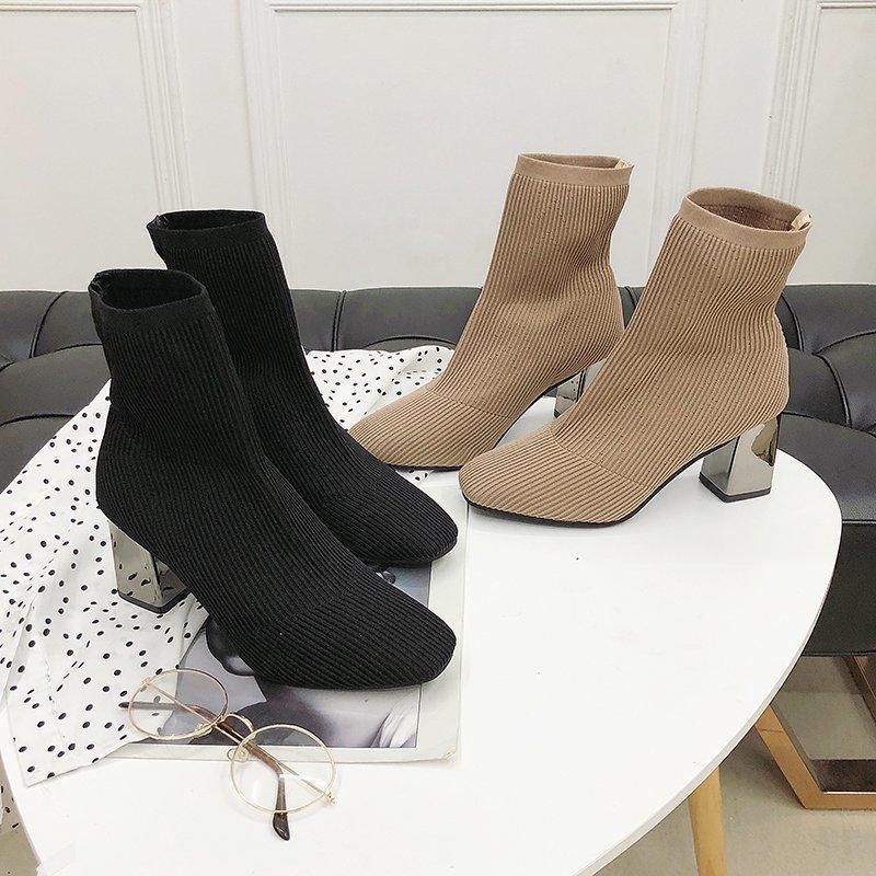 

2020 Summer Sock Boots Women High Heel Elegant Khaki Ankle Boots Autumn Fashion Shoes Women Sexy Woven Stretch Black Sock