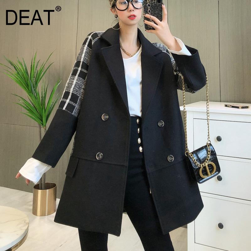 

DEAT New Autumn And Winter Fashion Casual Long Sleeve Patchwork Double Breasted Loose Woolen Blazer Coat Top Women SG425, Black