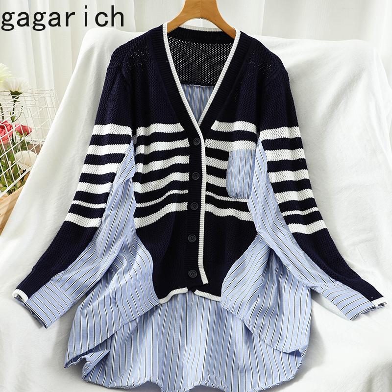 

Gagarich Women Causal Sweater Loose Design Cardigan Knit Splice Striped Top Loose Slim Femme Autumn Wear Fashion V-neck Tops, Black