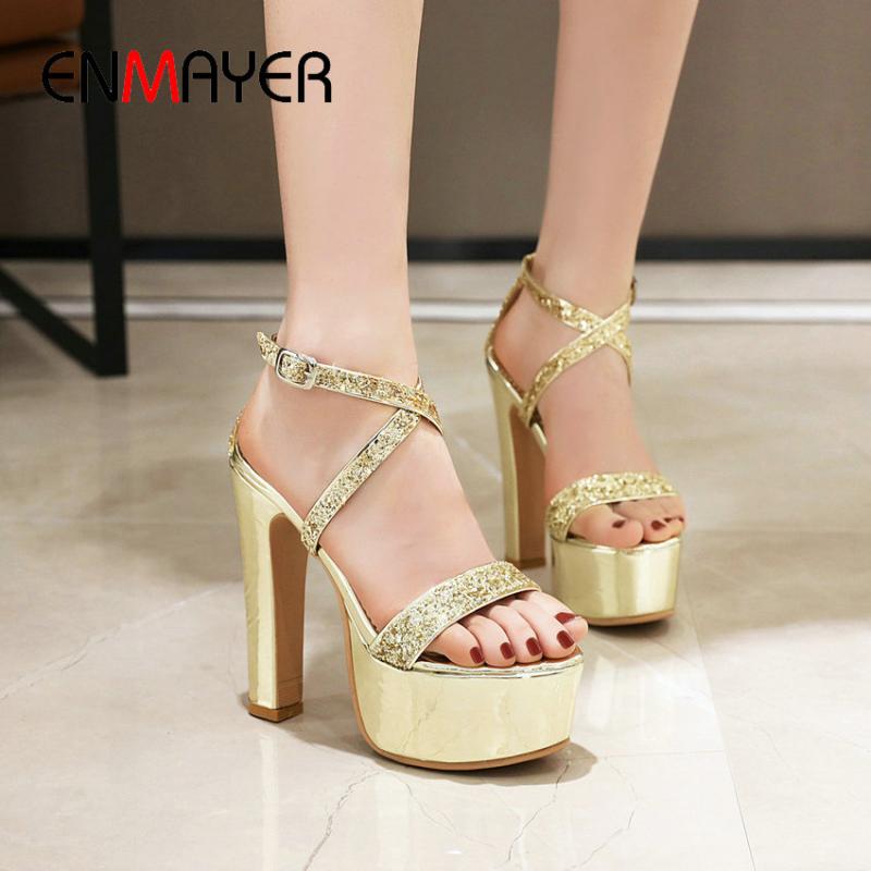 

ENMAYER 2020 Party Sequined Cloth Shoes Woman Basic Buckle Strap Thin Heels Bling Women Sandals Sexy Platform Sandals 34-43, Black