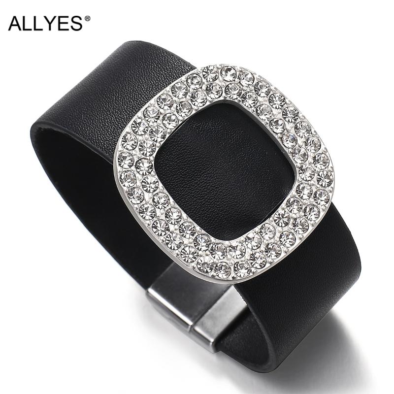 

ALLYES Simple Black Leather Rhinestone Charms Bracelets for Women Wide Wrap Bracelet Party Statement Jewelry Gifts