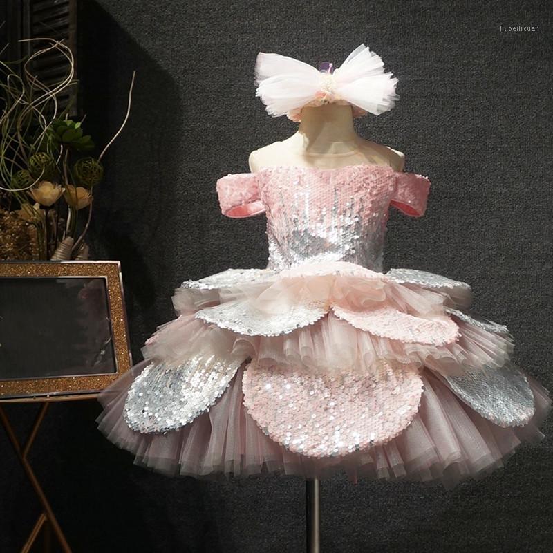 

Pink Sequins Baby Girls Dresses Off the Shoulder Knee Length Lace Up Back Pageant Gowns Party Dress1