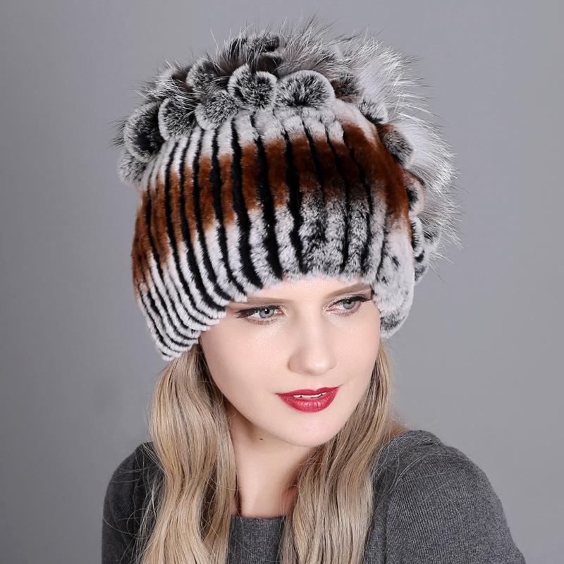 

Fur Hats Caps For Women Winter Real Rex Hat Fur Kniting Female Warm Snow Beanies Ladies Elegant Princess Beanies Cap, Color 6