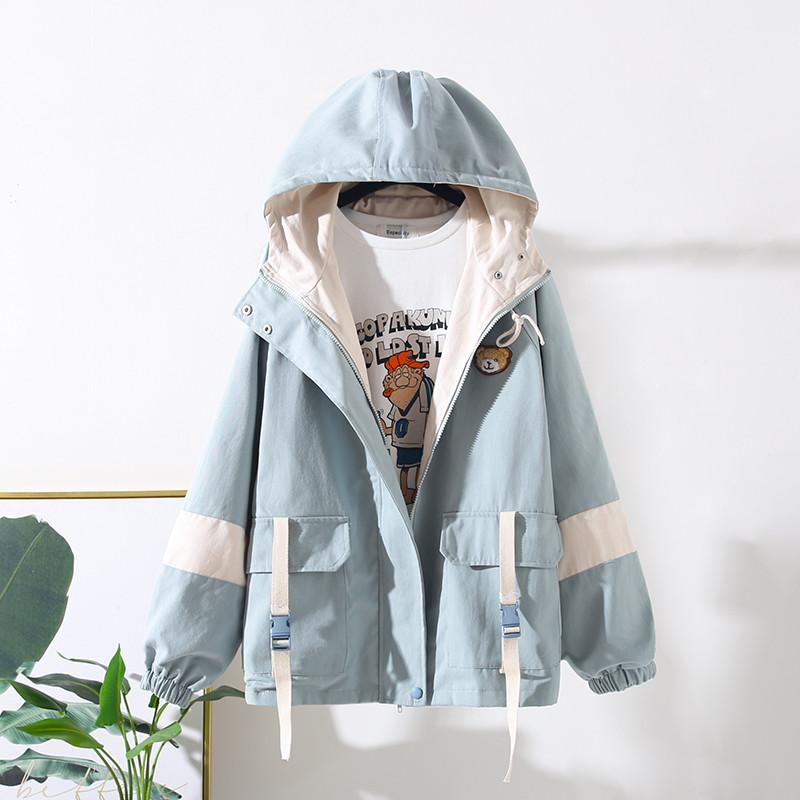 

2020 Spring Autumn new Korean loose bf Hooded tooling Windbreaker female color matching baseball uniform Harajuku Jacket M445, Blue
