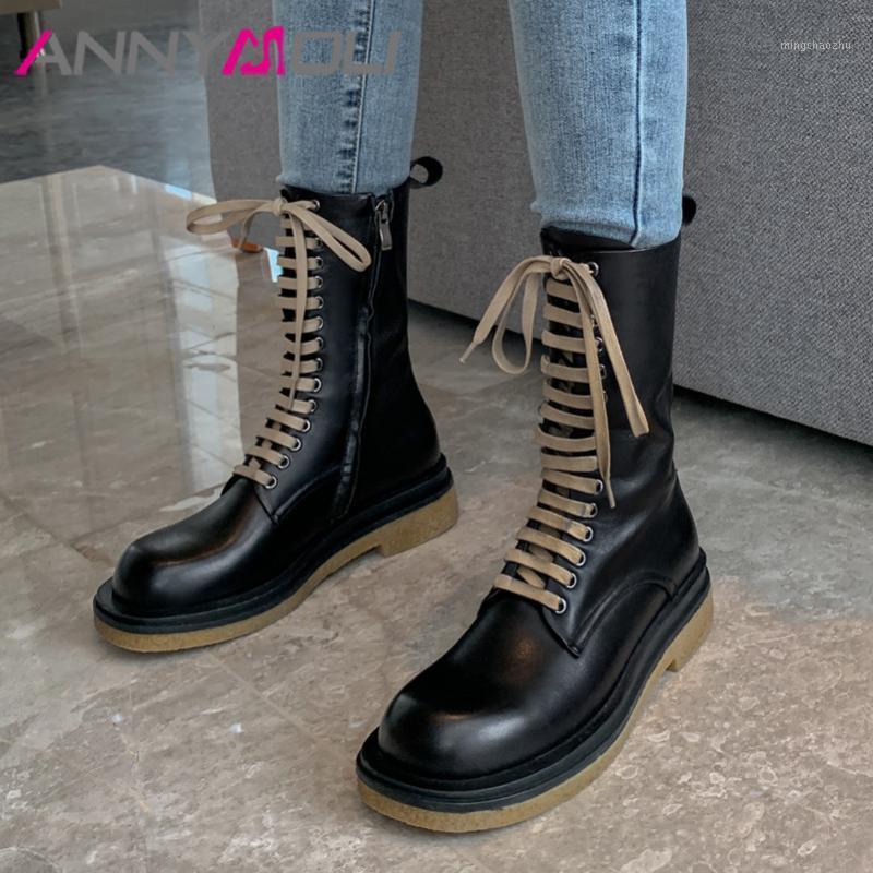 

ANNYMOLI Real Leather Platform Mid Heel Motorcycle Boots Women Shoes Zipper Cross Tied Block Heels Mid Calf Boots Female Black1, Black synthetic lin