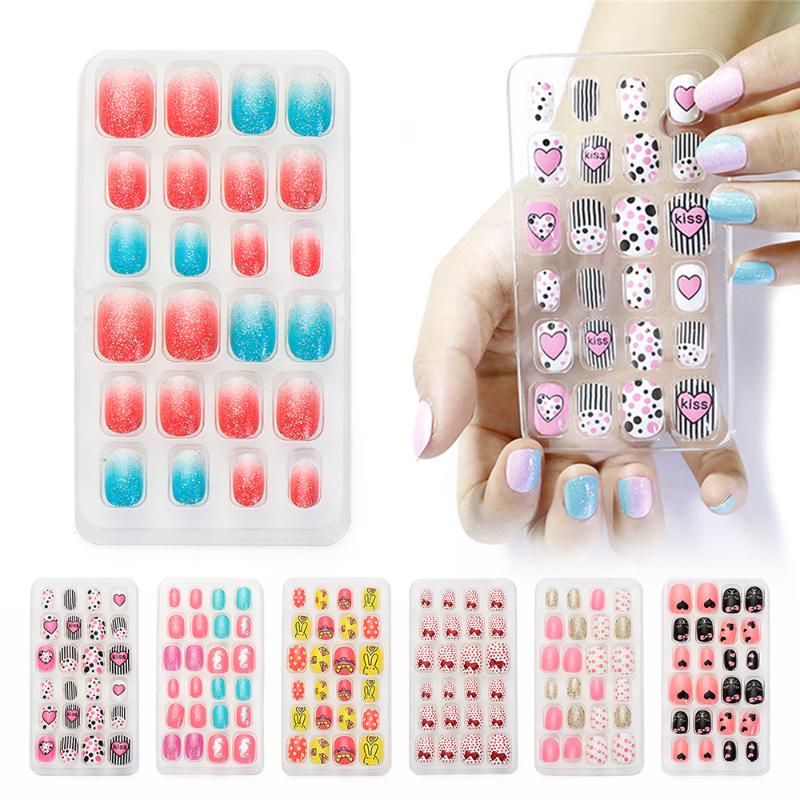 

24PCS/Lot Detachable Candy False Nail Tips Press On Children Cartoon Halloween Full Cover Kid Glue Nail Art for Girls Manicure, Type 1 - 01