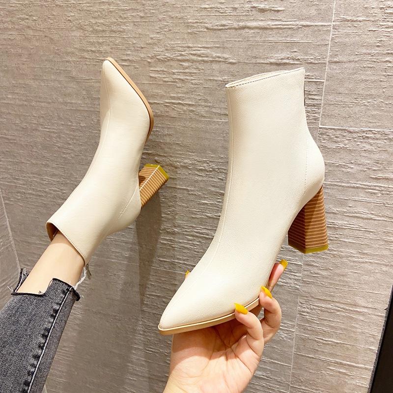 

Women's short boots 2021 New Autumn Winte Pointed Toe high heel boots, Beige