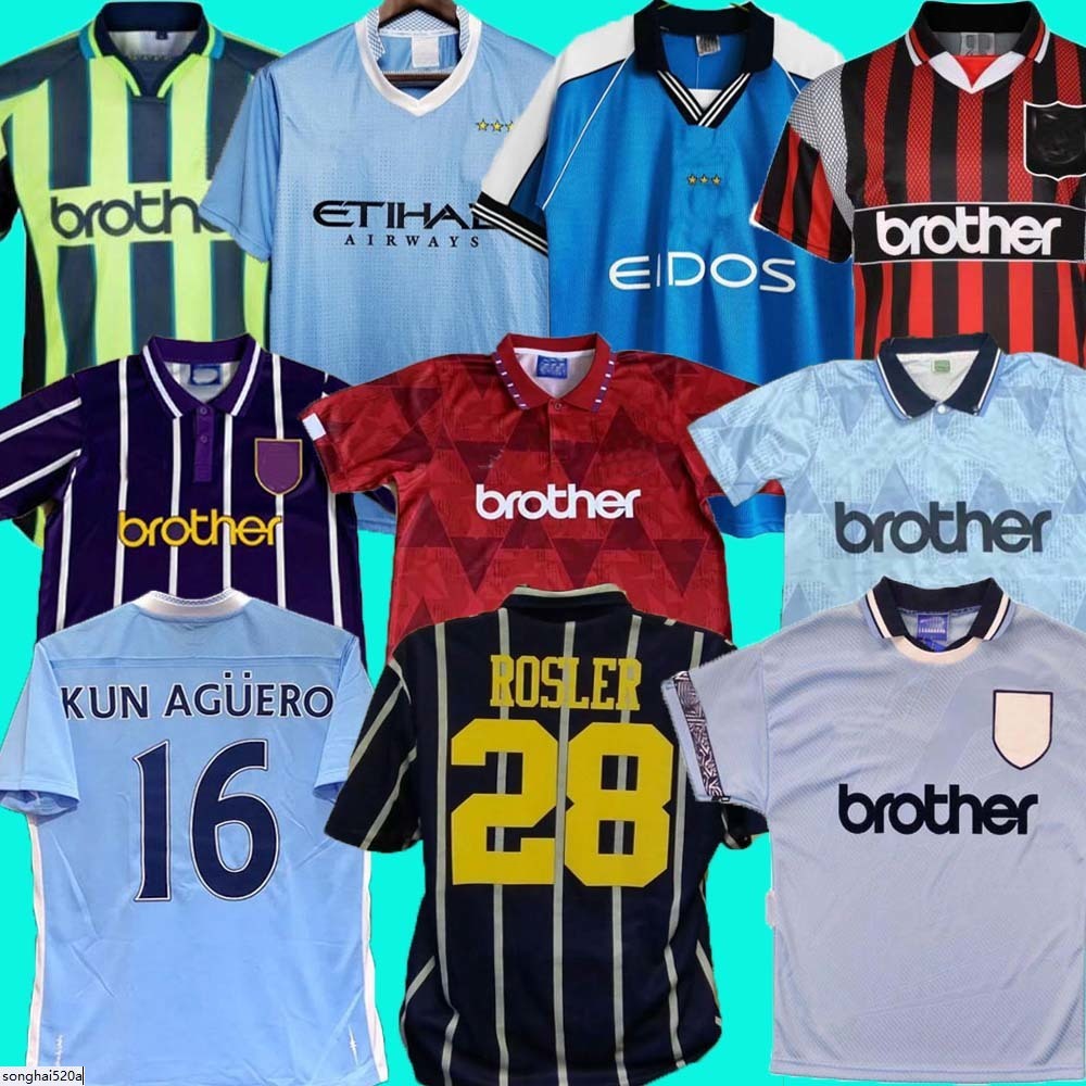 

93 94 Manchester Retro Classic Soccer Jerseys 1998 99 2011 12 City 94 95 11 12 Wembley Clough Kinkladze Tevez Kun AgÃ¼ero Dzeko Kompano Dzeko, Black;yellow