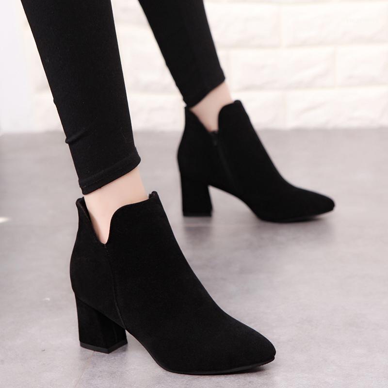 

GOXPACER Spring Fashion Women's Casual Shoes Black Ankle Pointed Toe Boots Flock Suede Leather All Match Free Shipping1