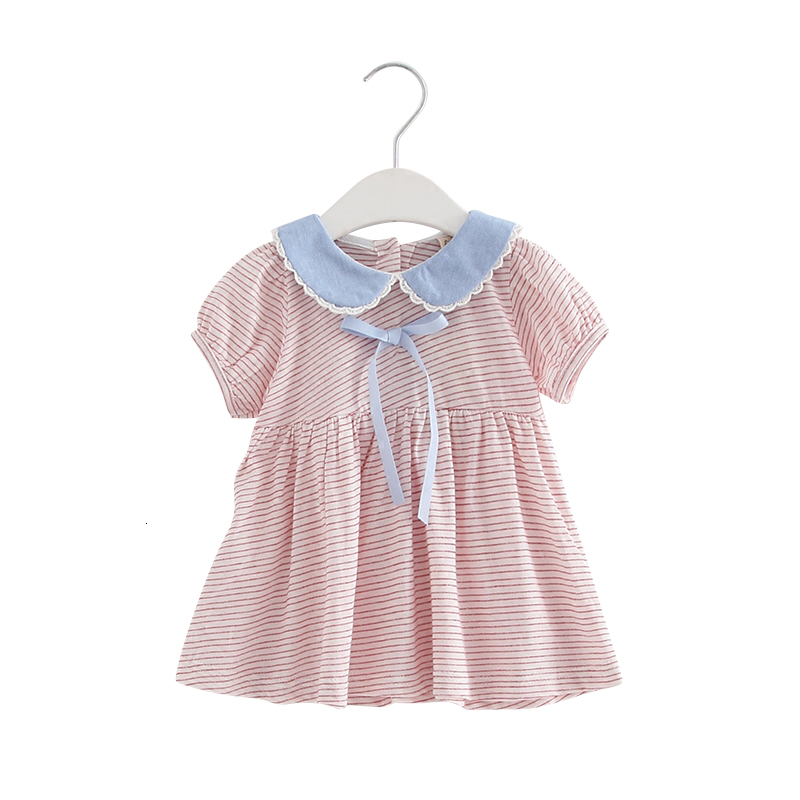 

2021 New Preppy Style Peter Pan Collar Striped Baby Summer for Cotton Infant Es Toddler Girls Clothes 0-2t 2 Color Rqic, Red