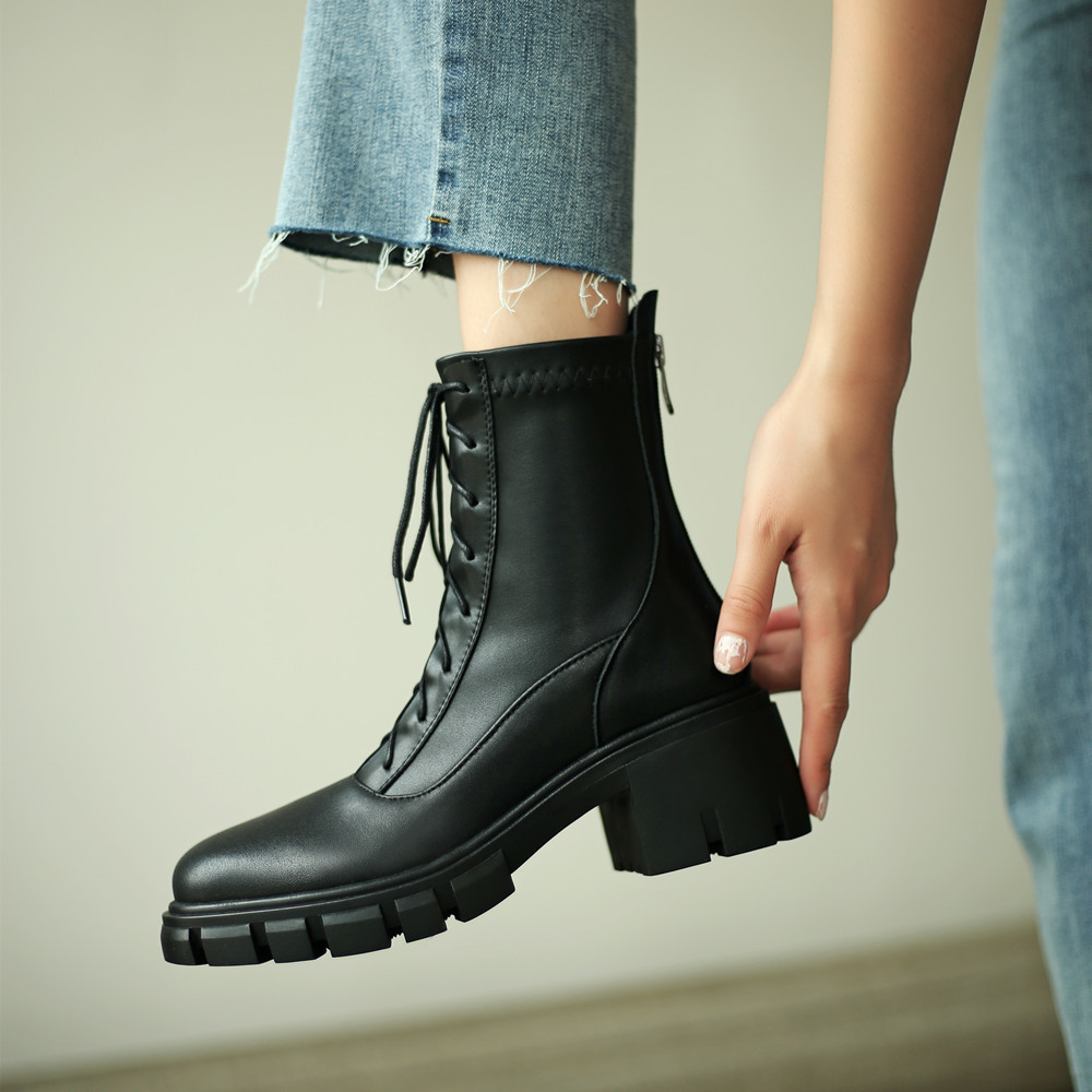 

2020 Platform Women's Genuine Leather Luxury Designer Boots with Robust Style Fashion Ladies Lace Shoes Kimk, Black winter