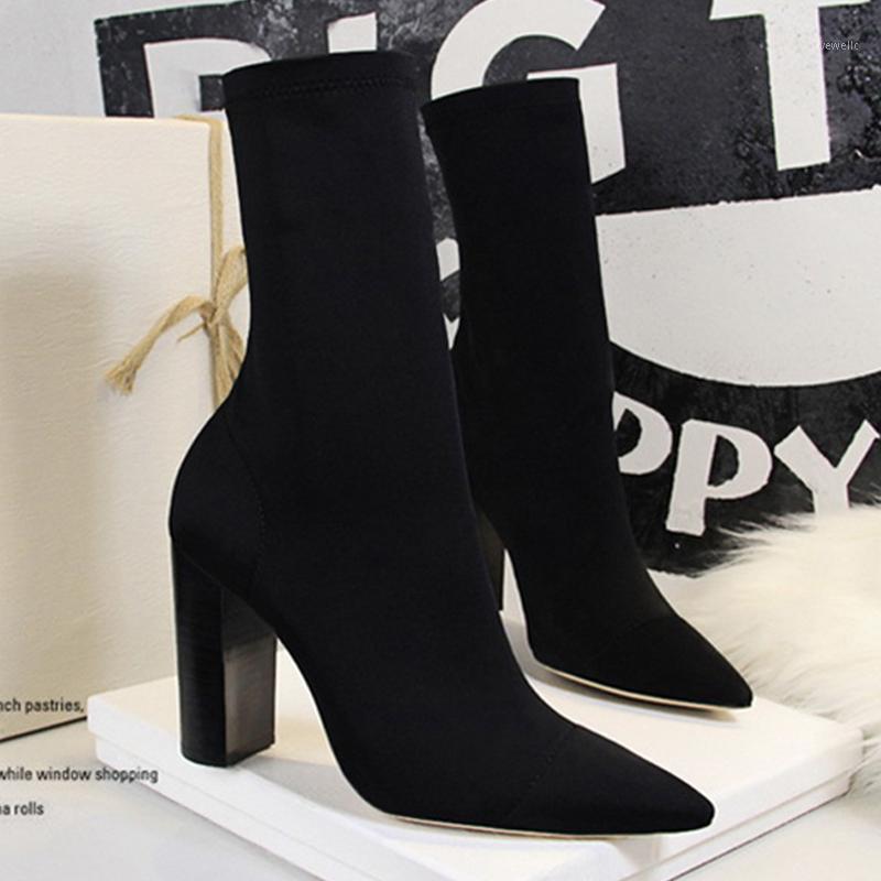

NEW Mid-Calf Boots Sexy Sock Boots Women High Heel Stretch Fabric Women Winter Shoes Female Square Heels Shoes1, 315-1beige