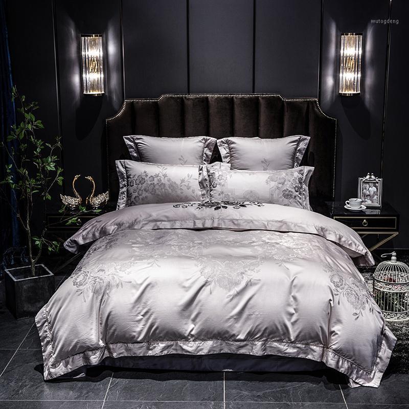 

Silver Satin like Silk Ultra Soft Duvet cover set Jacquard Bedding Set Queen King size Fitted /Flat Bed sheet 4/6Pieces1, Color 2