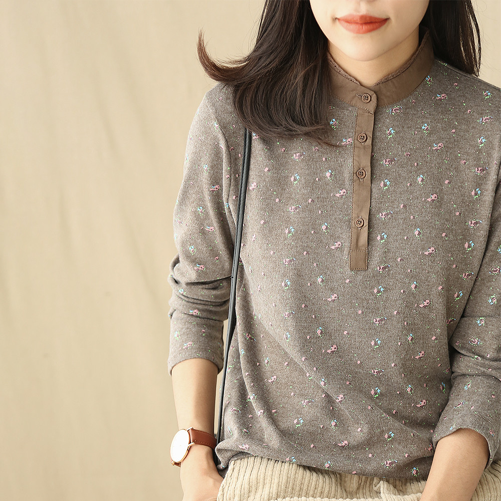 

Rustic little flowers print lacing stand collar long sleeve cotton basic t-shirt tee autumn winter 201125, Beige